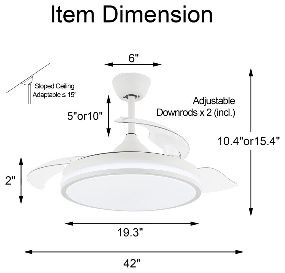 36W Reversible Ceiling Fan with Retractable Blades and Remote Control, White