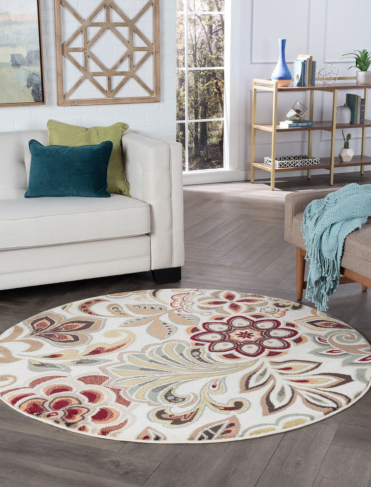 Dilek Transitional Floral Area Rug, Ivory, 7'10'' Round