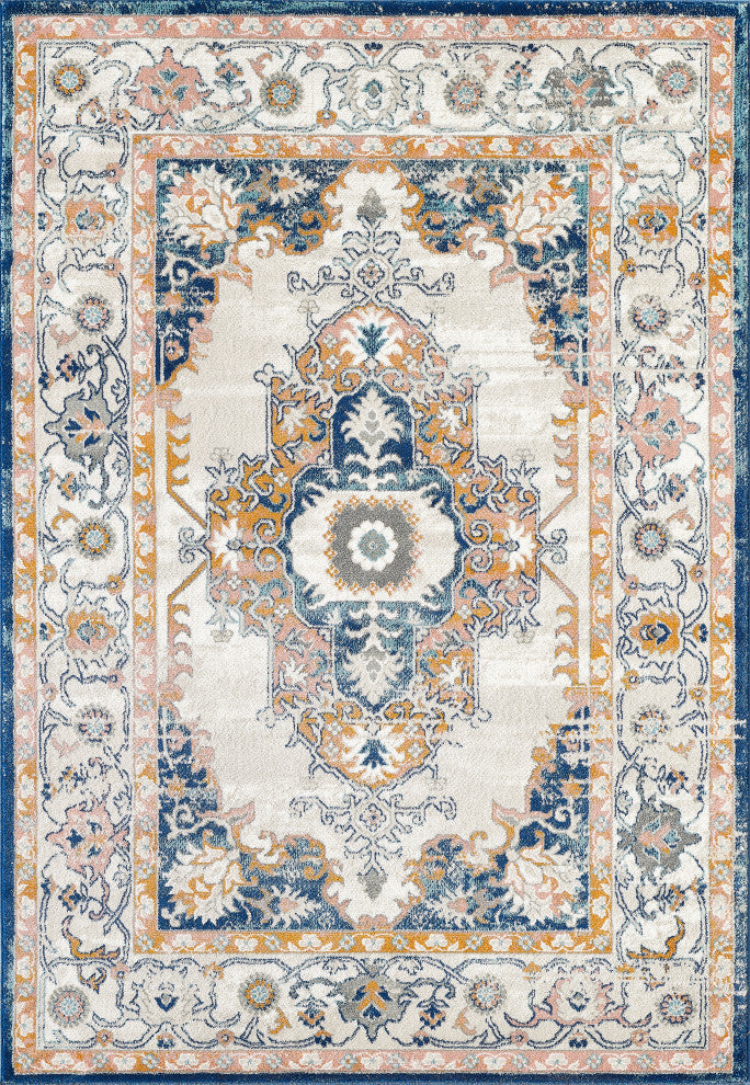 Abani Porto PRT180A Traditional Vintage Ivory and Navy Area Rug