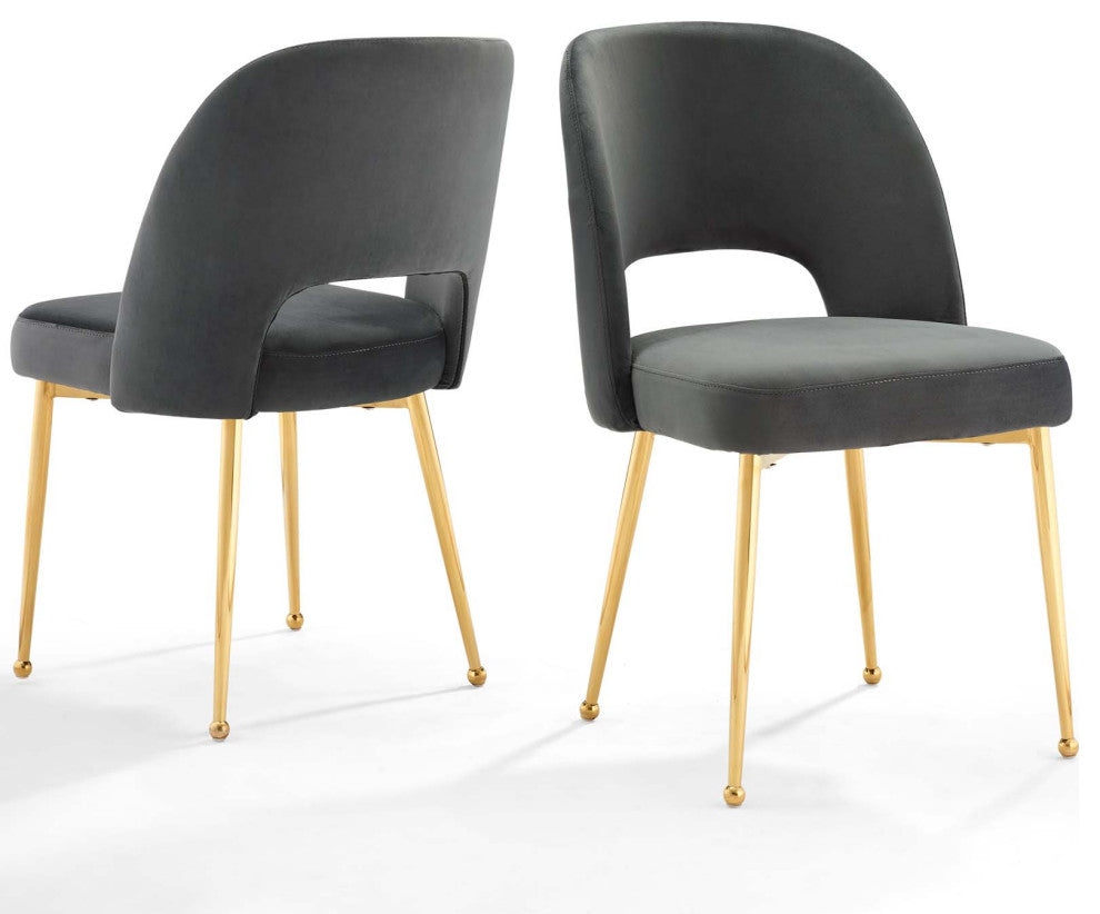 Side Dining Chair, Set of 2, Velvet, Metal, Dark Gray, Modern, Cafe Bistro