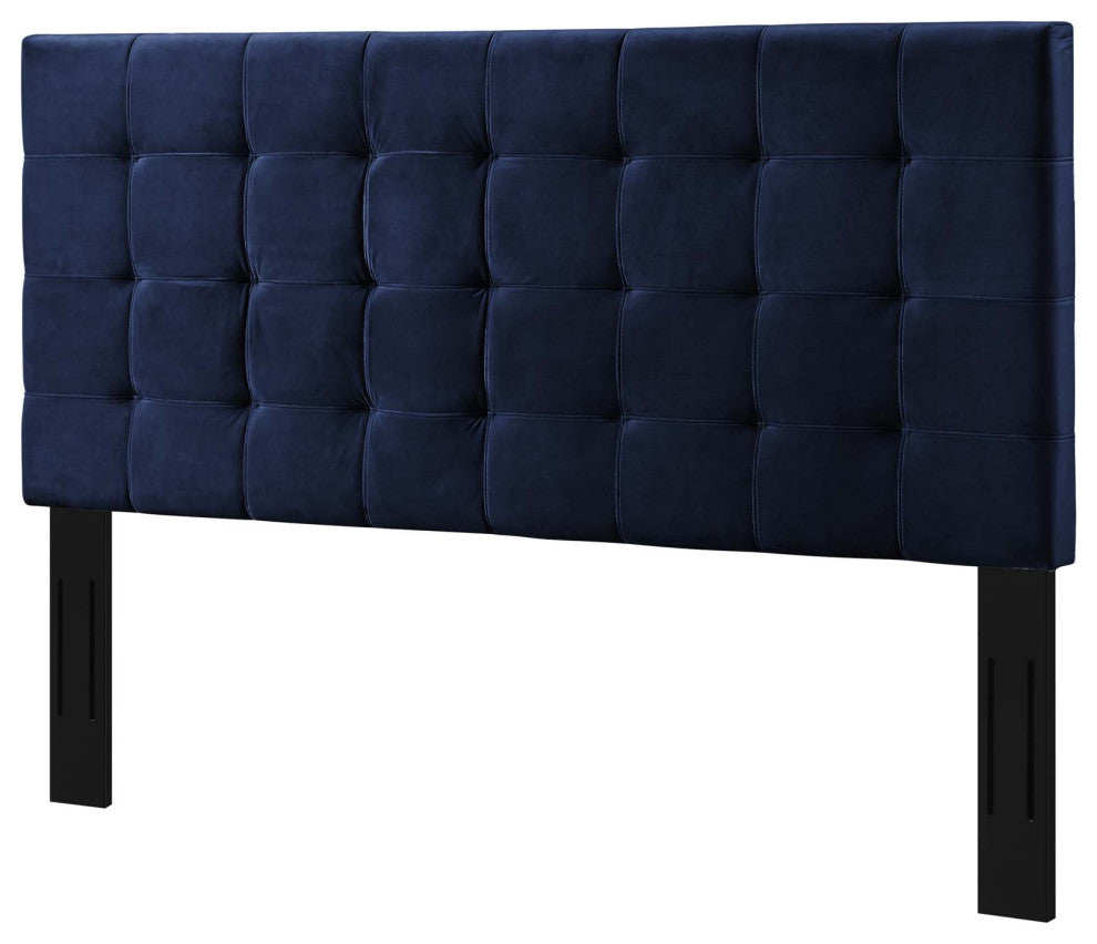 Contemporary Modern King Size Tufted Headboard, Velvet Fabric, Navy Blue