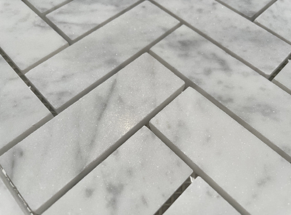 Herringbone Mosaic White Carrara Venato Carrera Marble Tile Honed 1x3, 1 sheet