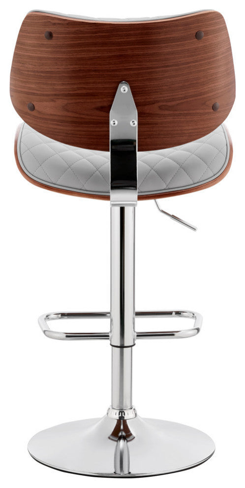 Leland Adjustable Faux Leather and Metal Bar Stool, Gray and Chrome