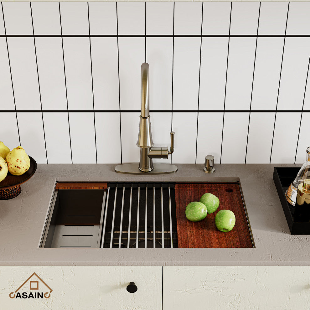 32in Single Bowl Undermount Workstation Kitchen Stainless Steel Sink with Faucet, Brushed Nickel