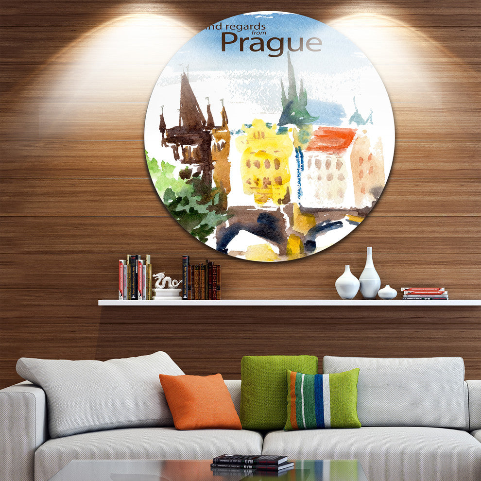 Old Prague Vector Illustration, Cityscape Painting Round Wall Art, 36"