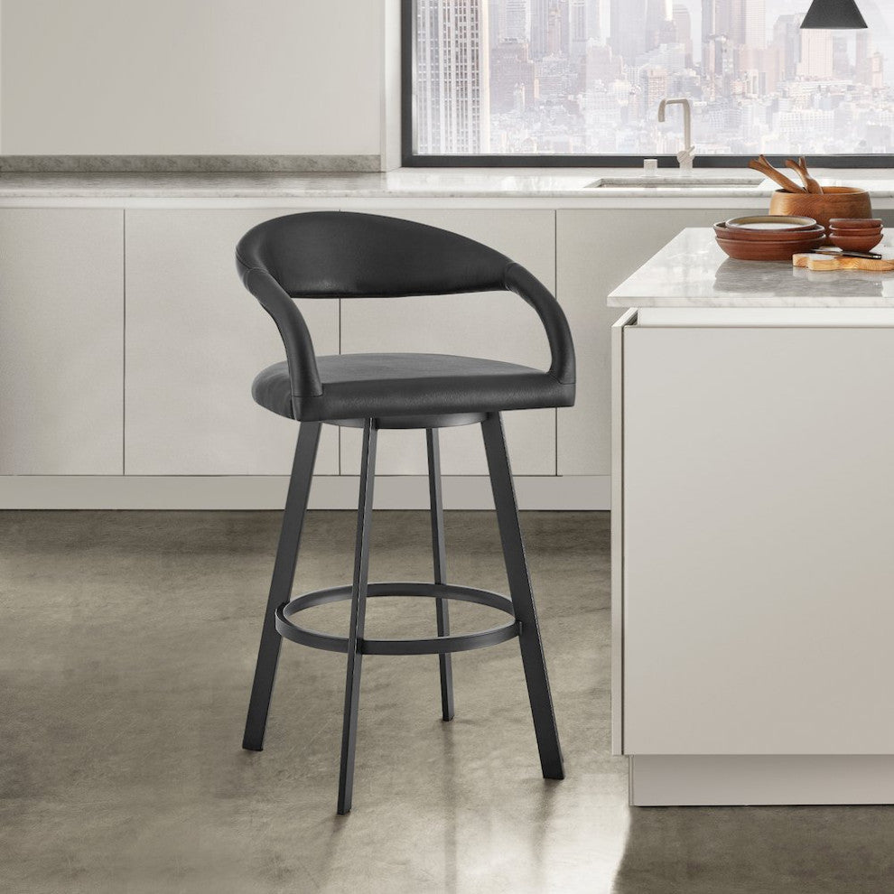 Ramona 26 Swivel Counter Stool with Matte Black Iron and Black Faux Leather