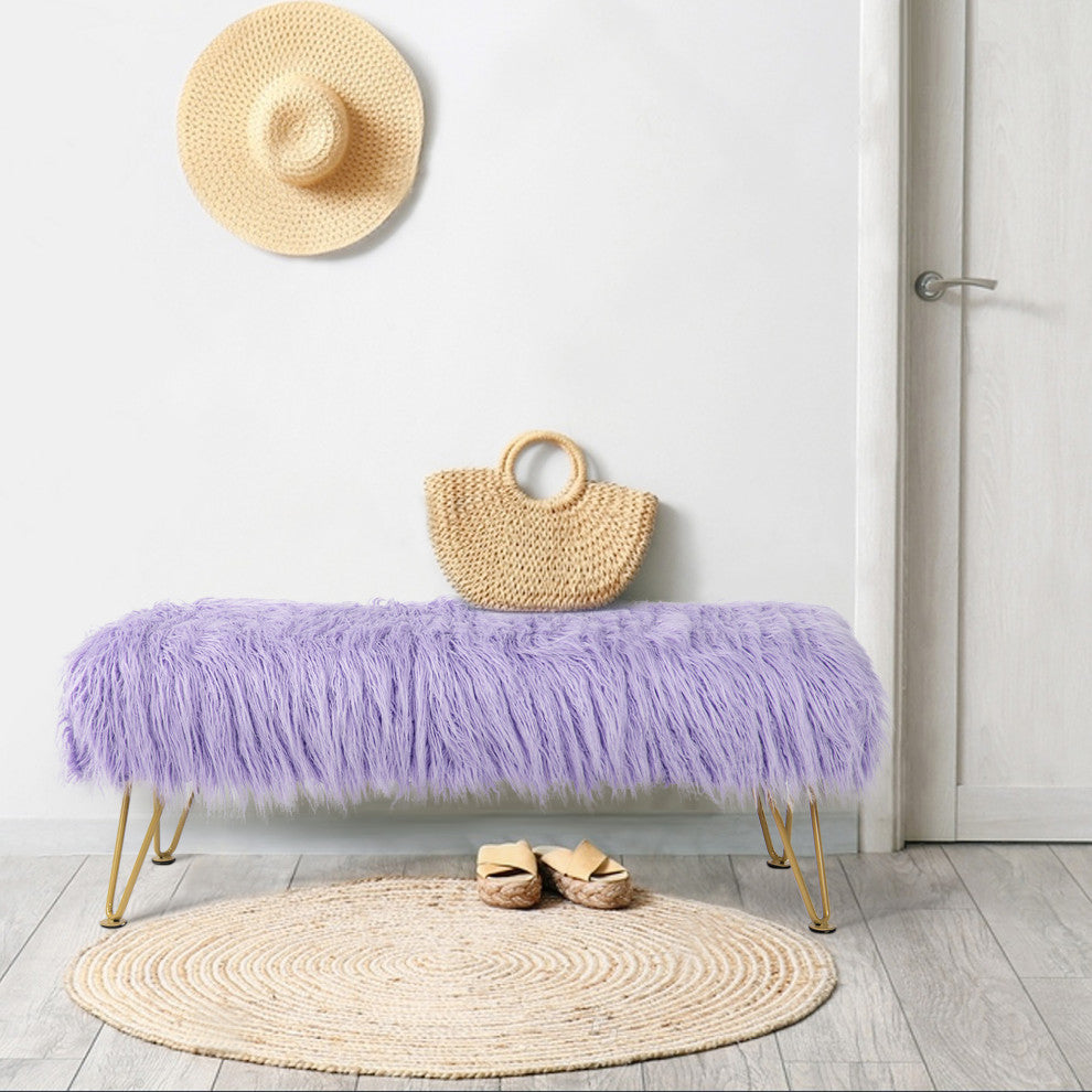 Mongolian Faux Fur Upholstered Ottoman Bench, Lavender, 46x16x22