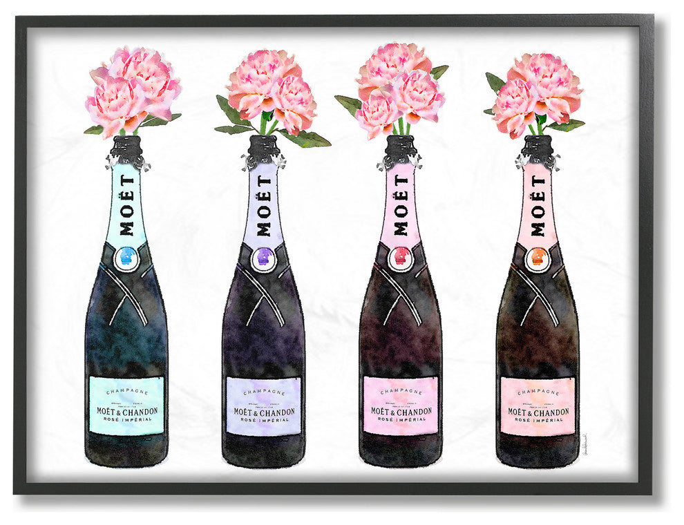 Black Purple and Blue Champagne Bottles With Peonies, Black Framed, 11"x14"
