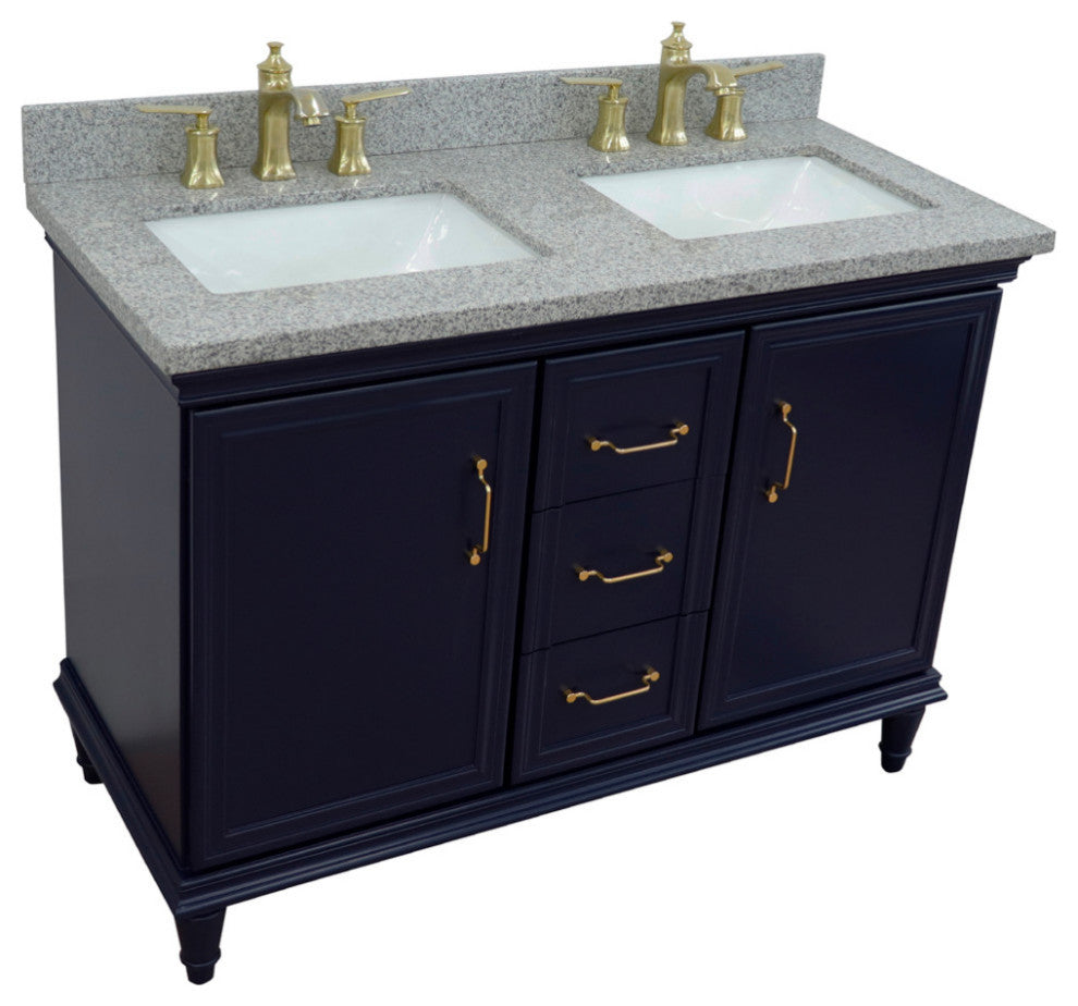 49" Double Vanity, Blue Finish With Gray Granite And Rectangle Sink