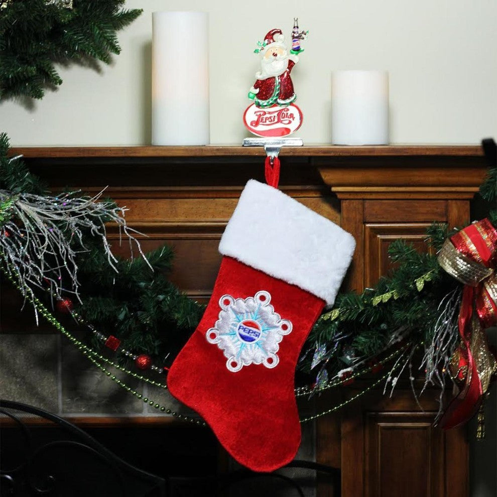 Silver Plated Pepsi-Cola Santa Christmas Stocking Holder, European Crystals