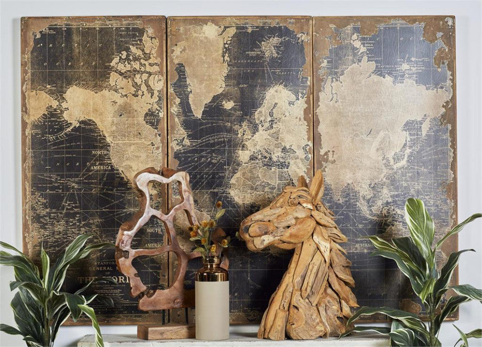Black Wood Vintage World Map Wall, Set of 3