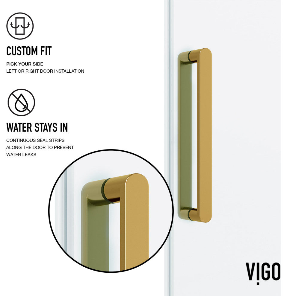 VIGO Elan Frameless Sliding Shower Door, V-Motion, Clear Glass, Matte Brushed Gold, 56" to 60" W X 76" H