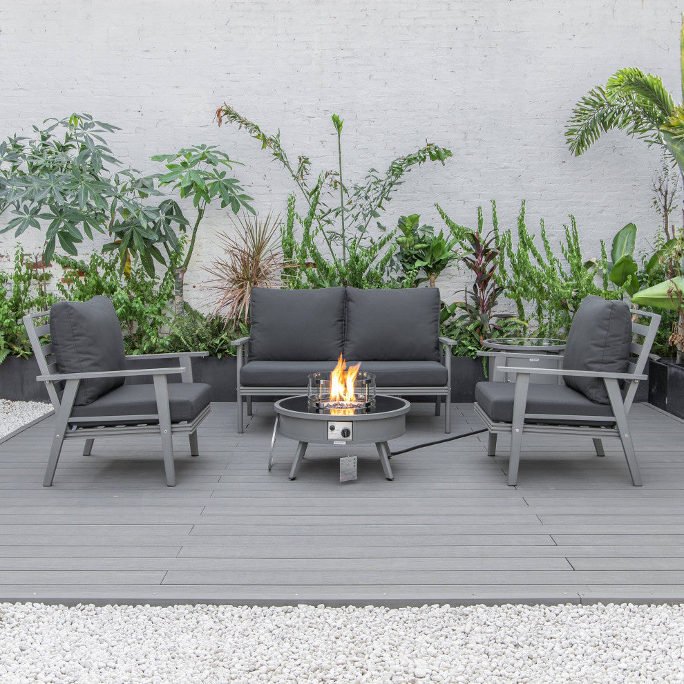 LeisureMod Walbrooke Grey Patio Sofa Set With Round Fire Pit Table, Charcoal
