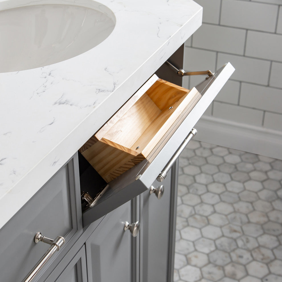60" Palace Quartz Carrara Cashmere Gray Vanity With Hardware, Mirror in Polish