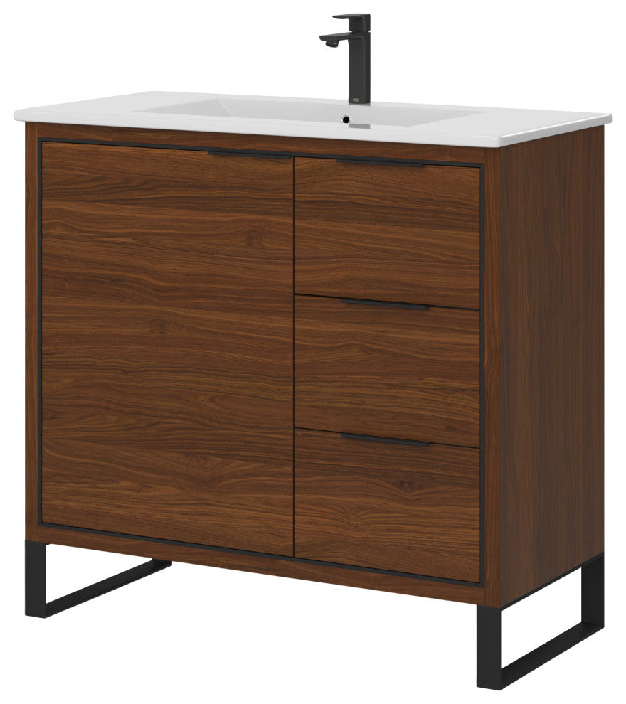 Bradford Bath Vanity, Walnut, 36", Black Hardware, Single Sink, Freestanding