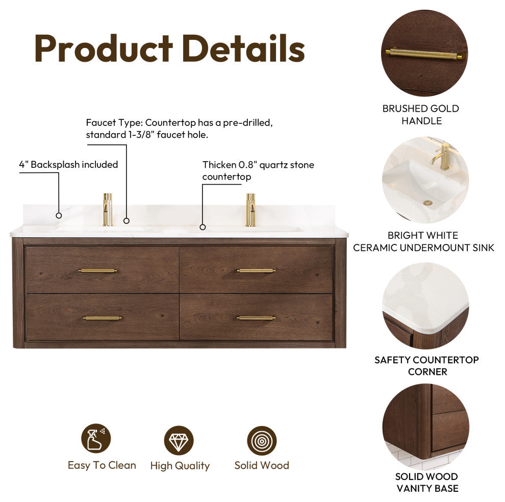Cristo Floating Bath Vanity With Stone Top, Aged Dark Brown Oak, 60in., With Mirror