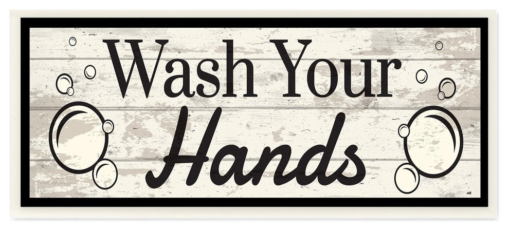 Wash Your Hands Black & White Planked Look Wall Plaque Art, 7"x17"