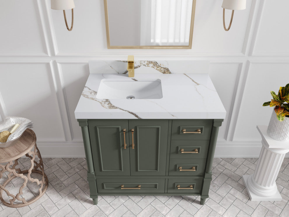 Aberdeen 36 Left Offset Bath Vanity in Pewter Green 2" Calacatta Gold