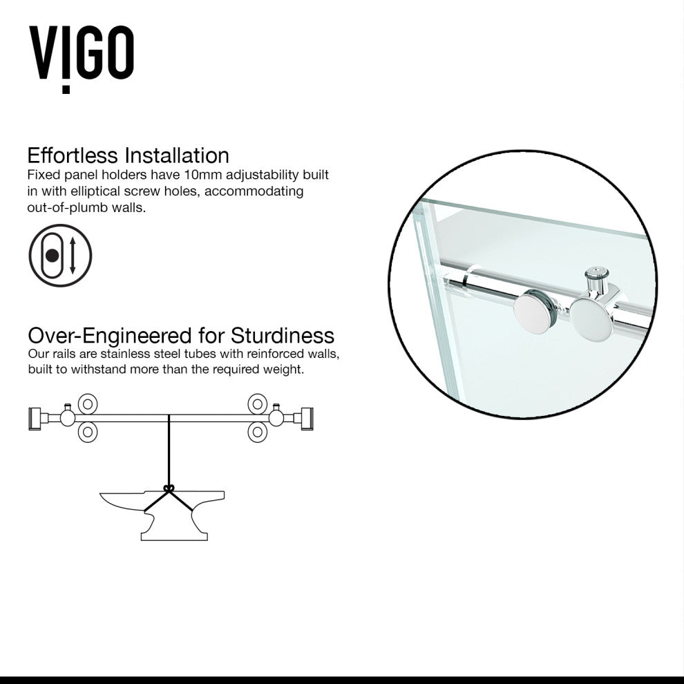 VIGO Winslow Frameless Sliding Shower Enclosure, Chrome, 36" D X 48" W X 80" H, Right Drain Base