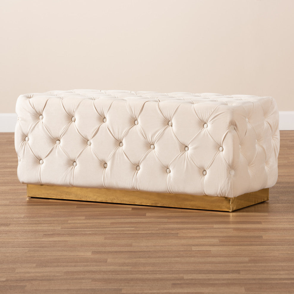 Glam and Luxe Beige Velvet Fabric Upholstered and Gold PU Leather Ottoman