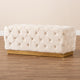 Glam and Luxe Beige Velvet Fabric Upholstered and Gold PU Leather Ottoman