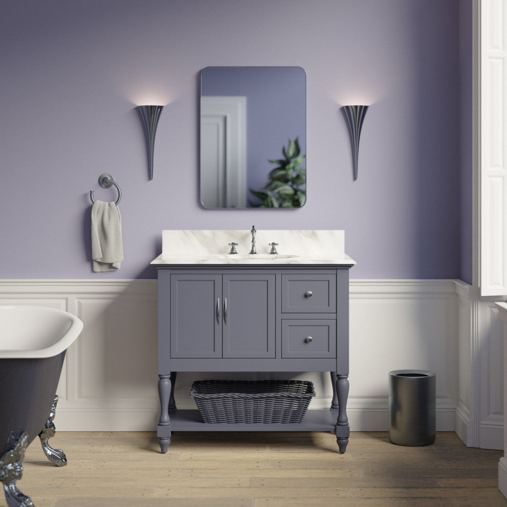 Beverly 36" Bathroom Vanity, Marine Gray, Carrara Marble