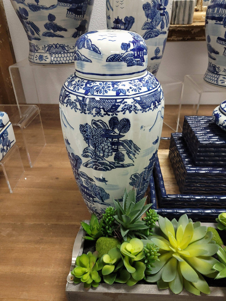 16" Blue and White Chinoiserie Ceramic Jar