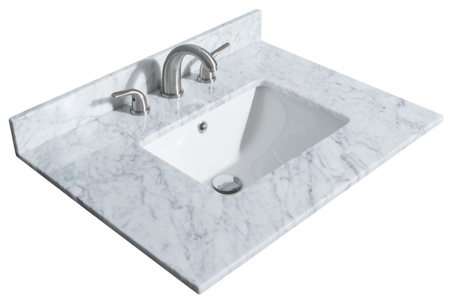 30" Single Bath Vanity, White, Carrara Countertop, Sink, Gold Trim, 24" Mirror