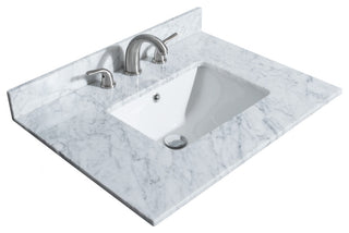 30" Single Bath Vanity, White, Carrara Countertop, Sink, Gold Trim, 24" Mirror