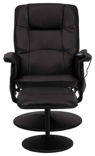 Massaging Black Leather Recliner and Ottoman With Leather Wrapped Base