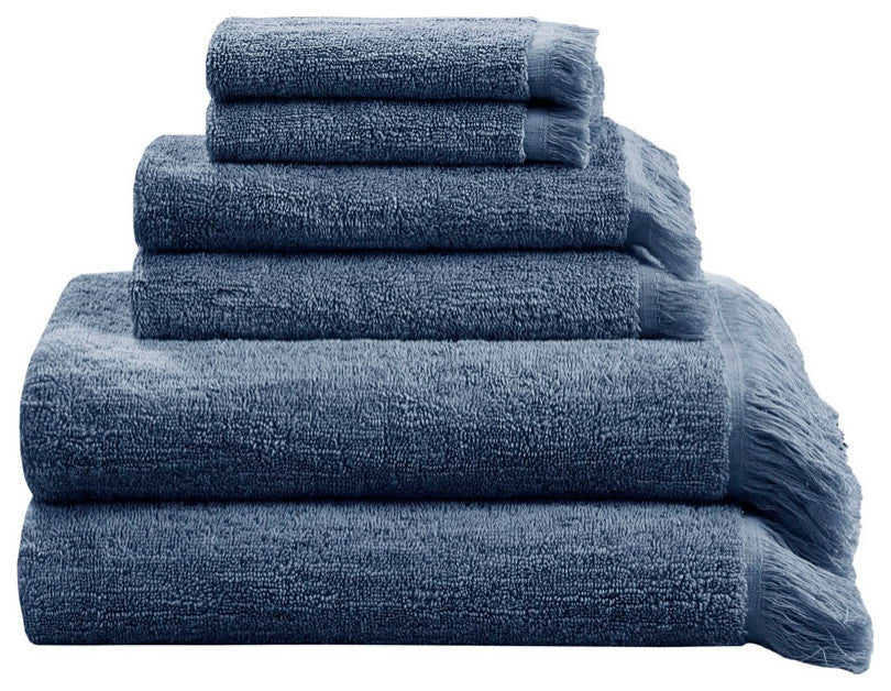 INK+IVY Nova Terry Cotton 630gsm Fringed 6-Piece Towel Set, Navy Blue