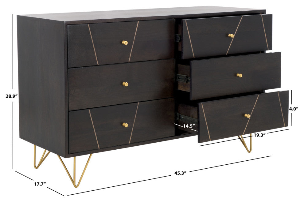 Safavieh Couture Marigold 6 Drawer Dresser, Black/Gold