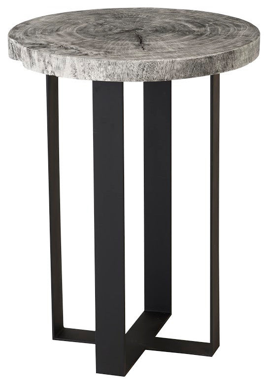 Chuleta Bar Table on Black Metal Base, Chamcha Wood, Gray Stone