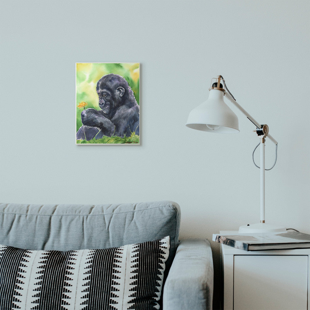 Baby Gorilla Animal And Flower Green Painting, 10"x15"