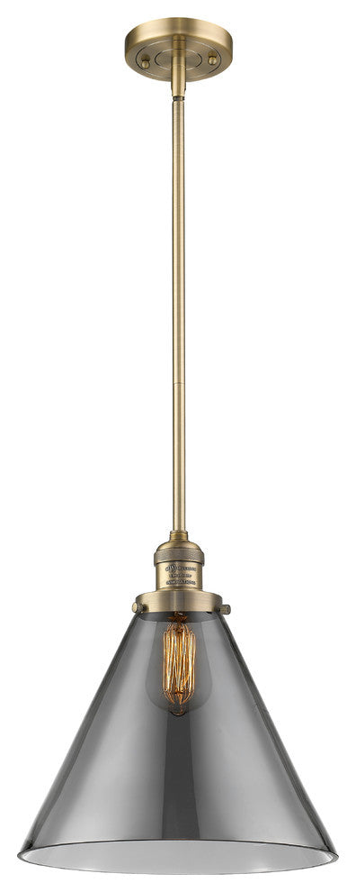 X-Large Cone 1-Light LED Pendant, Brushed Brass, Glass: Smoked