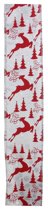 Silver & Red Reindeer Wired Christmas Craft Ribbon