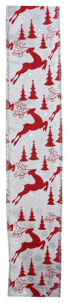 Silver & Red Reindeer Wired Christmas Craft Ribbon