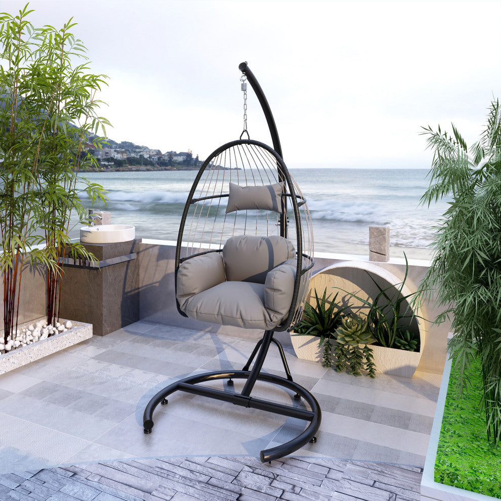 Outdoor Rattan Swing Chair Hanging Egg Chair With Cushion and Pillow