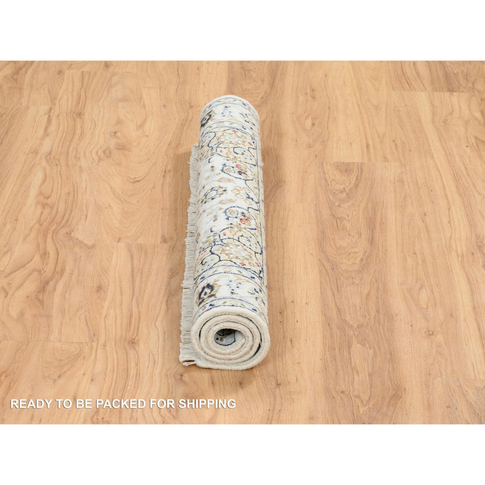 Ivory 250 KPSI Nain Flower Design Wool and Silk Hand Knotted Rug, 3'0"x3'1"