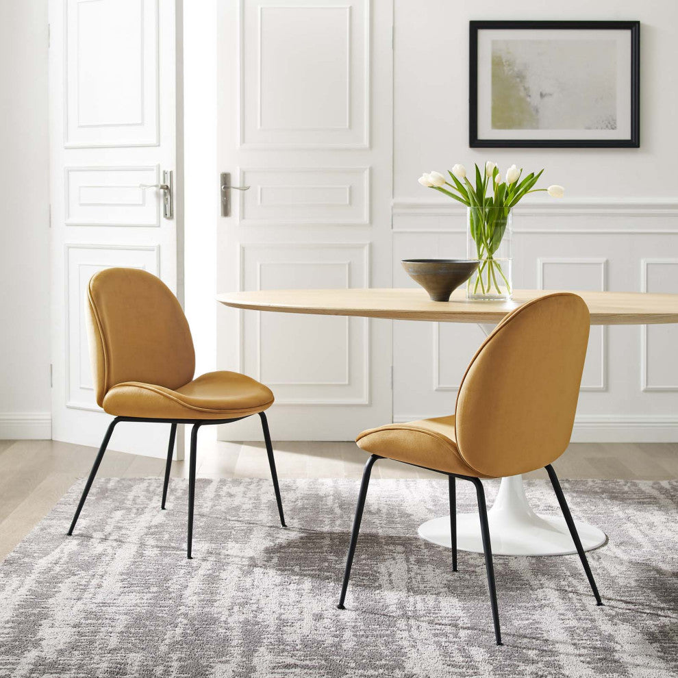 Scoop Black Powder Coated Steel Leg Velvet Dining Chairs Set of 2, Cognac