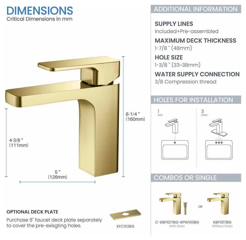 Blaze Single Handle Bathroom Sink Faucet, Brushed Gold