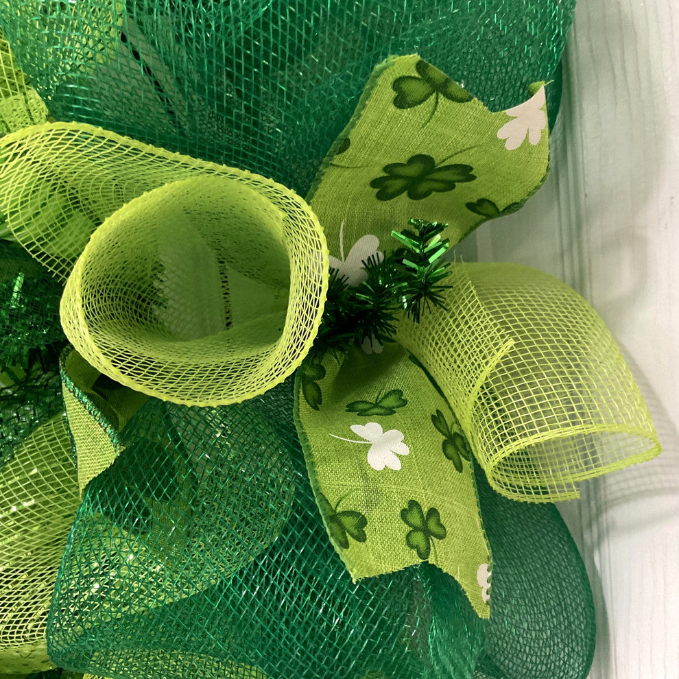 Happy St Patricks Day Glittering Shamrock Wreath Handmade Deco Mesh