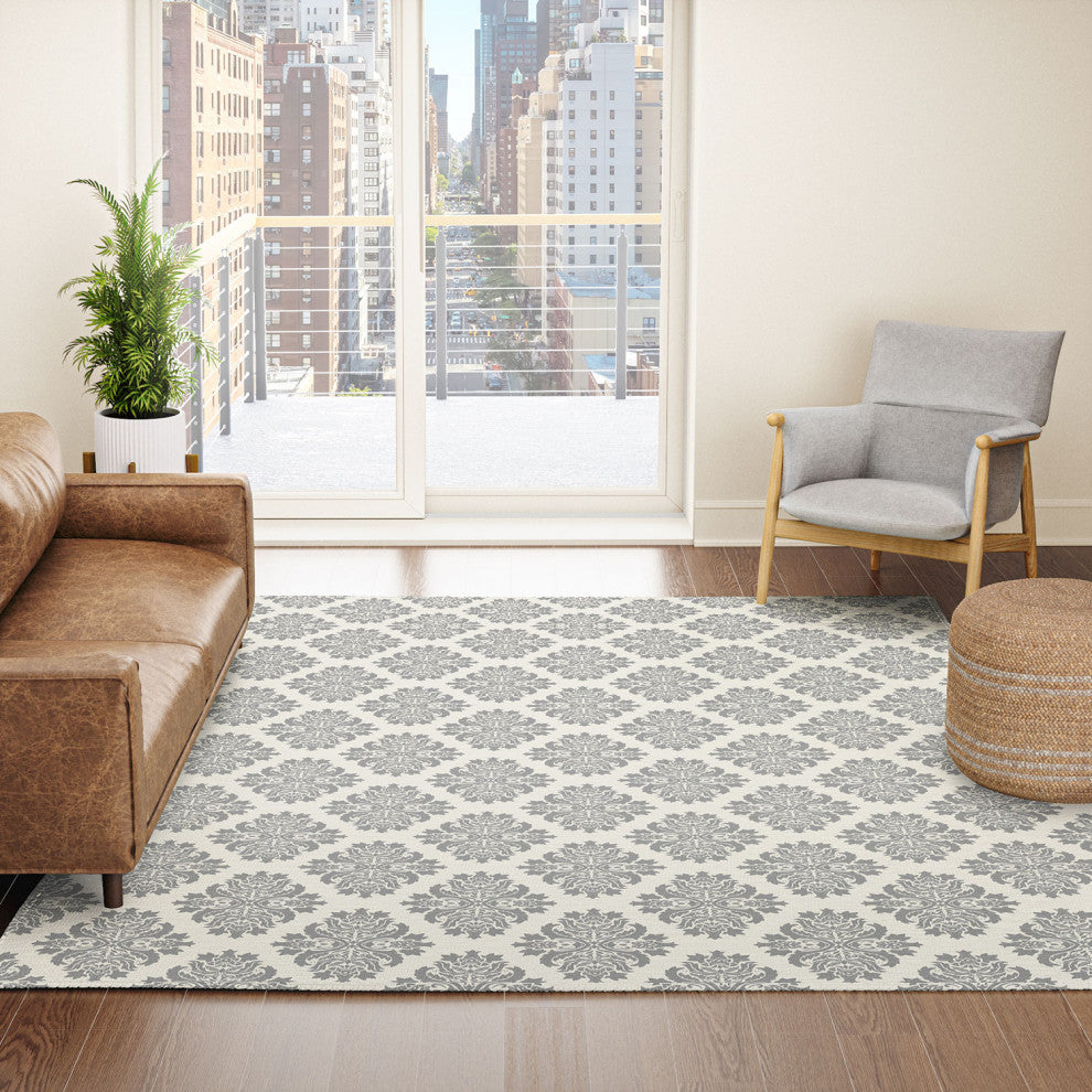 Avenie Neutral Damask Flourish Area Rug