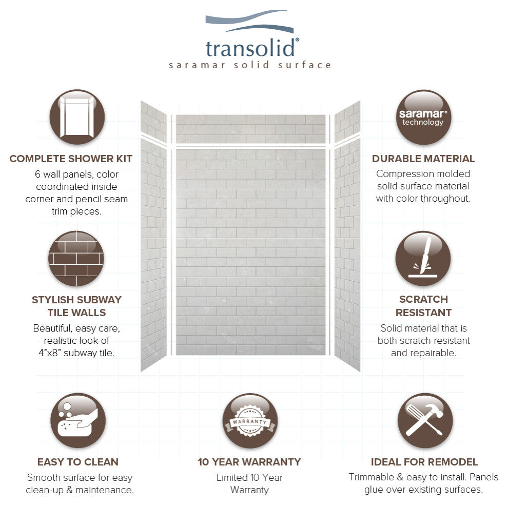 Transolid SaraMar 60"x36"x96" 6-Piece Shower Wall Kit with Extension, Lunar