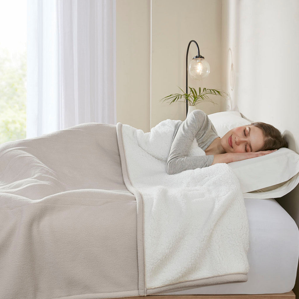 Serta Fleece to Sherpa Heated Fleece and Sherpa Bedding Blanket, Tan