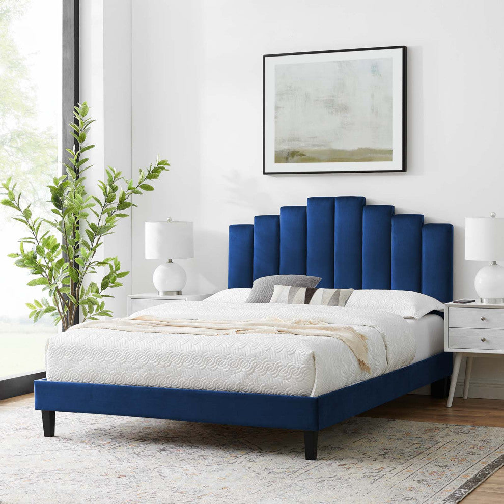 Platform Bed Frame, Queen Size, Velvet, Blue Navy, Modern Contemporary, Bedroom