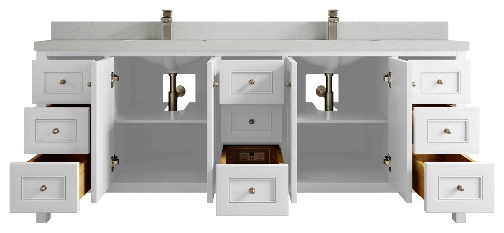 Nashville 84" Double Sink Bath Vanity, White 2" Carrara Quartz