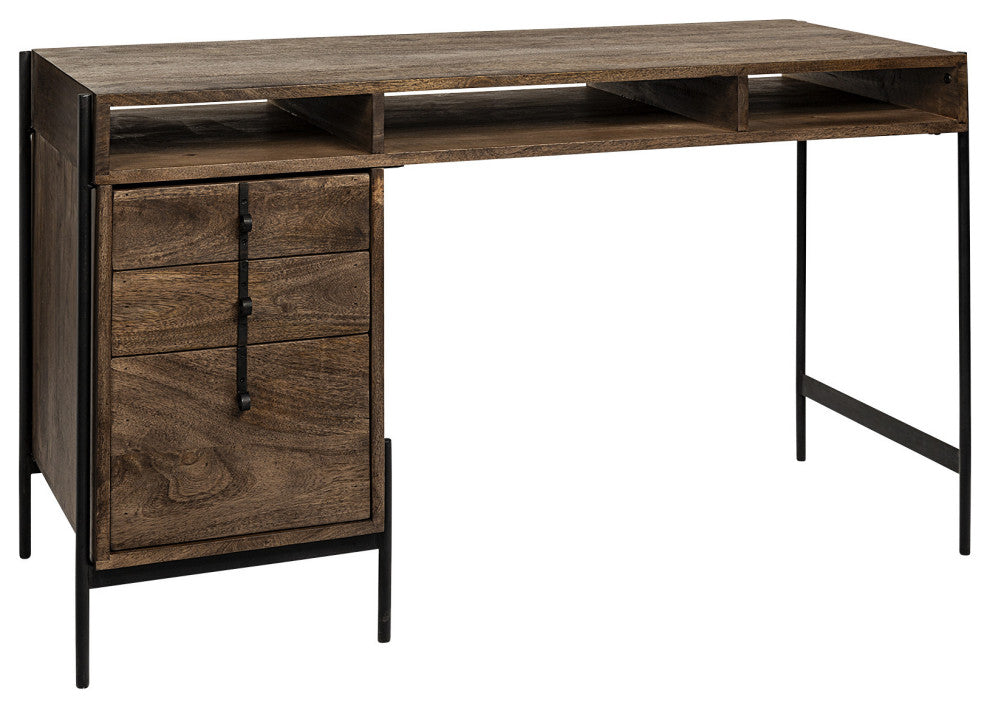 Medium Brown Wooden Writing Desk With 3 Drawers And 3 Open Shelves