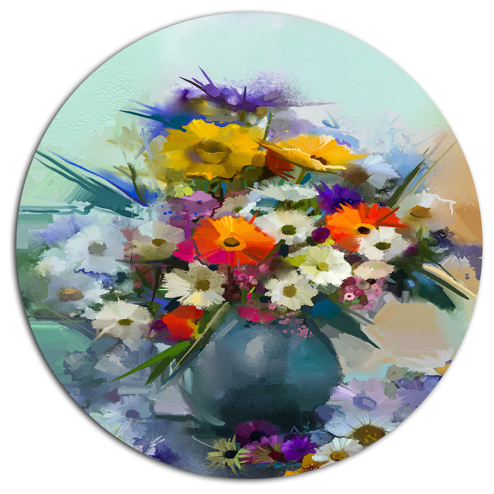 Hand-Painted Bunch Of Small Flowers, Floral Disc Metal Wall Art, 11"