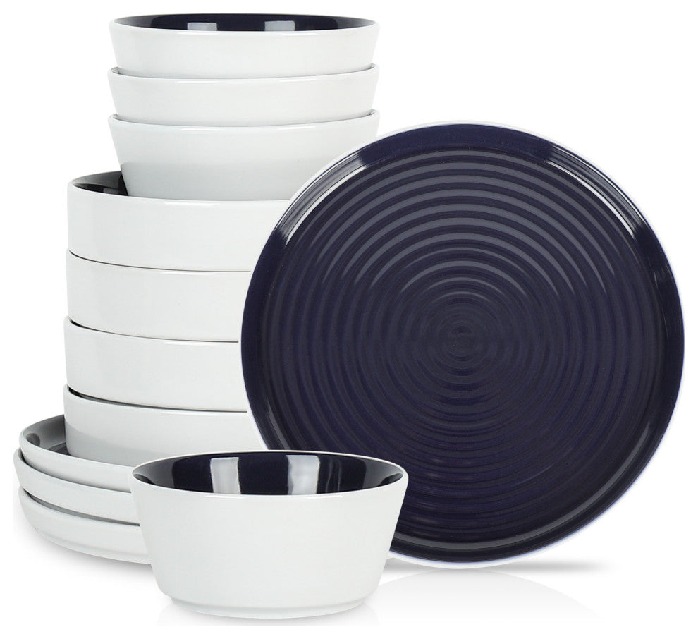 Stone Lain Elica Stoneware 12 Piece Dinnerware Set, Navy and White